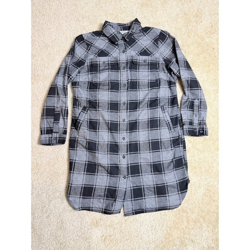Duluth‎ Trading Co Womens Grey Black Plaid Flannel Button Front Shirt Dress L